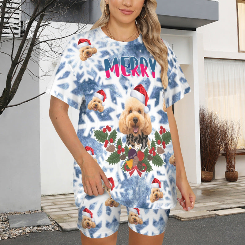 Custom Face Christmas  2 Piece Casual Oversized T-Shirt & Biker Shorts Set