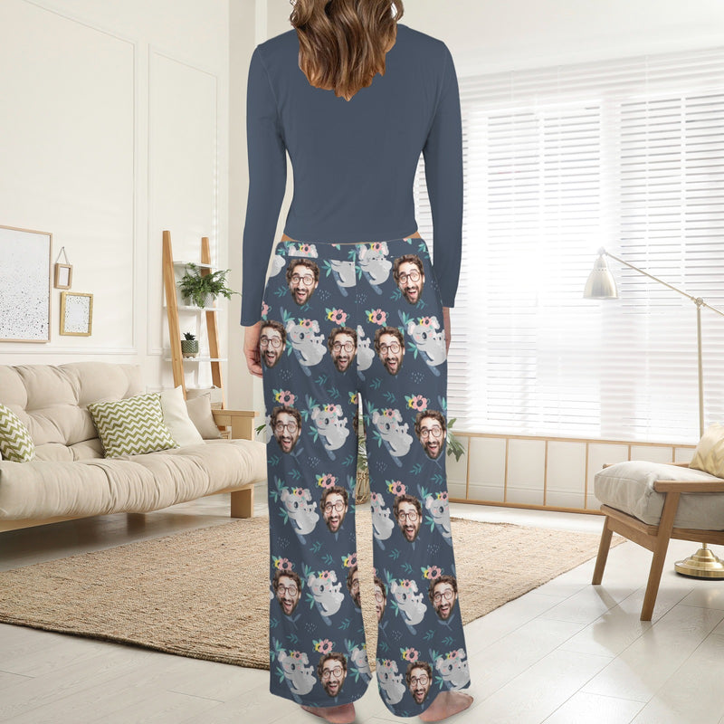 Custom Face Long Pajama Sets Personalized Women's Round Neck Pocket Long Pajama Sets