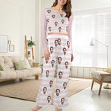 Custom Face Long Pajama Sets Personalized Women's Round Neck Pocket Pink Stripe Long Pajama Sets