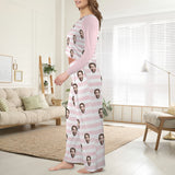 Custom Face Long Pajama Sets Personalized Women's Round Neck Pocket Pink Stripe Long Pajama Sets