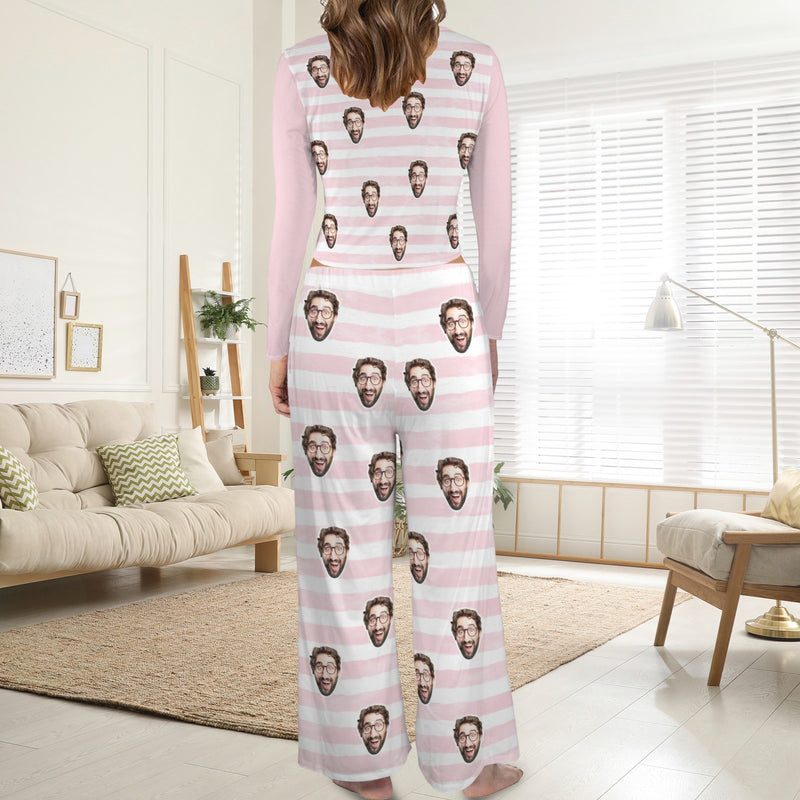 Custom Face Long Pajama Sets Personalized Women's Round Neck Pocket Pink Stripe Long Pajama Sets