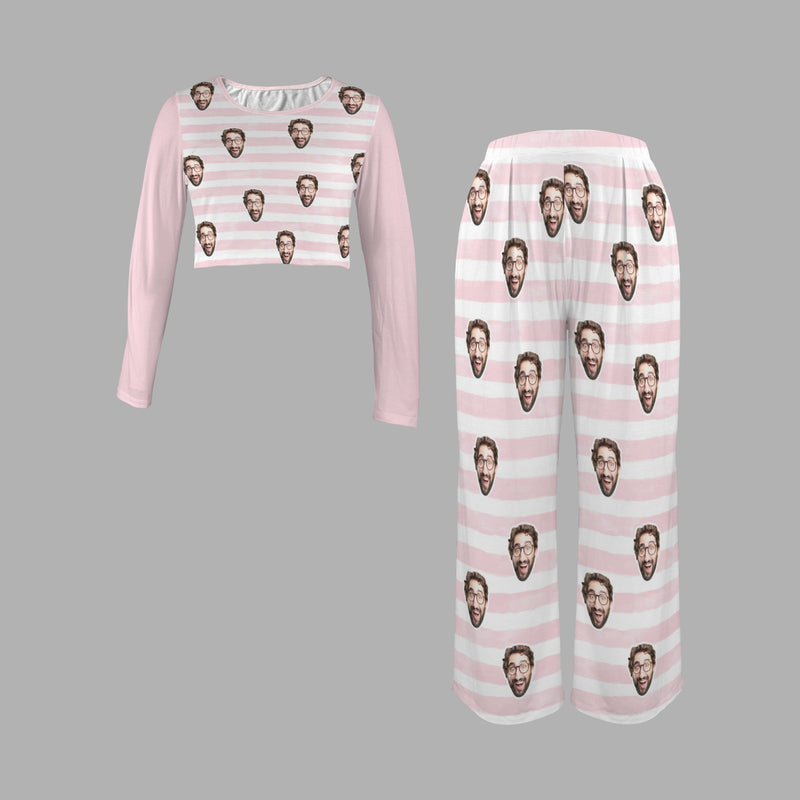 Custom Face Long Pajama Sets Personalized Women's Round Neck Pocket Pink Stripe Long Pajama Sets