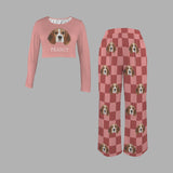 Custom Face&Name Long Pajama Sets Personalized Women's Round Neck Pocket Grid Long Pajama Sets