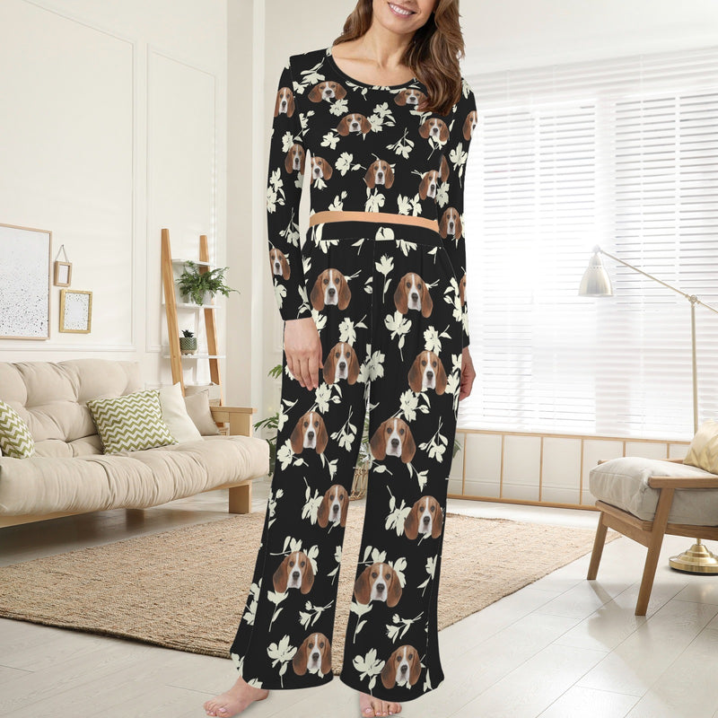 Custom Face Long Pajama Sets Personalized Women's Round Neck Pocket White Flowers Black Pajama Sets