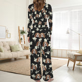 Custom Face Long Pajama Sets Personalized Women's Round Neck Pocket White Flowers Black Pajama Sets