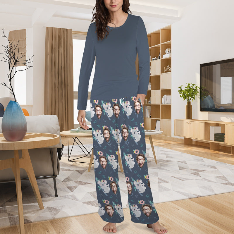 Custom Face Long Pajama Sets Personalized Women's Round Neck Pocket Long Pajama Sets