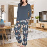 Custom Face Long Pajama Sets Personalized Women's Round Neck Pocket Long Pajama Sets