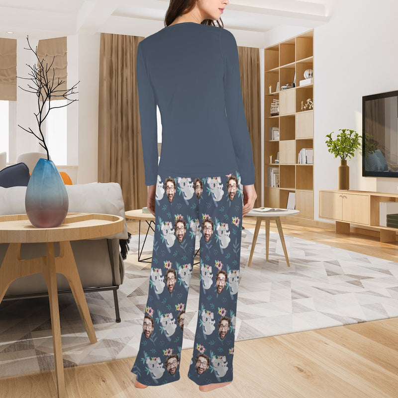 Custom Face Long Pajama Sets Personalized Women's Round Neck Pocket Long Pajama Sets