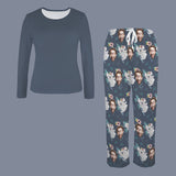 Custom Face Long Pajama Sets Personalized Women's Round Neck Pocket Long Pajama Sets