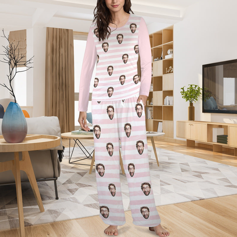 Custom Face Long Pajama Sets Personalized Women's Round Neck Pocket Pink Stripe Long Pajama Sets