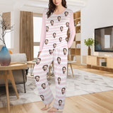 Custom Face Long Pajama Sets Personalized Women's Round Neck Pocket Pink Stripe Long Pajama Sets