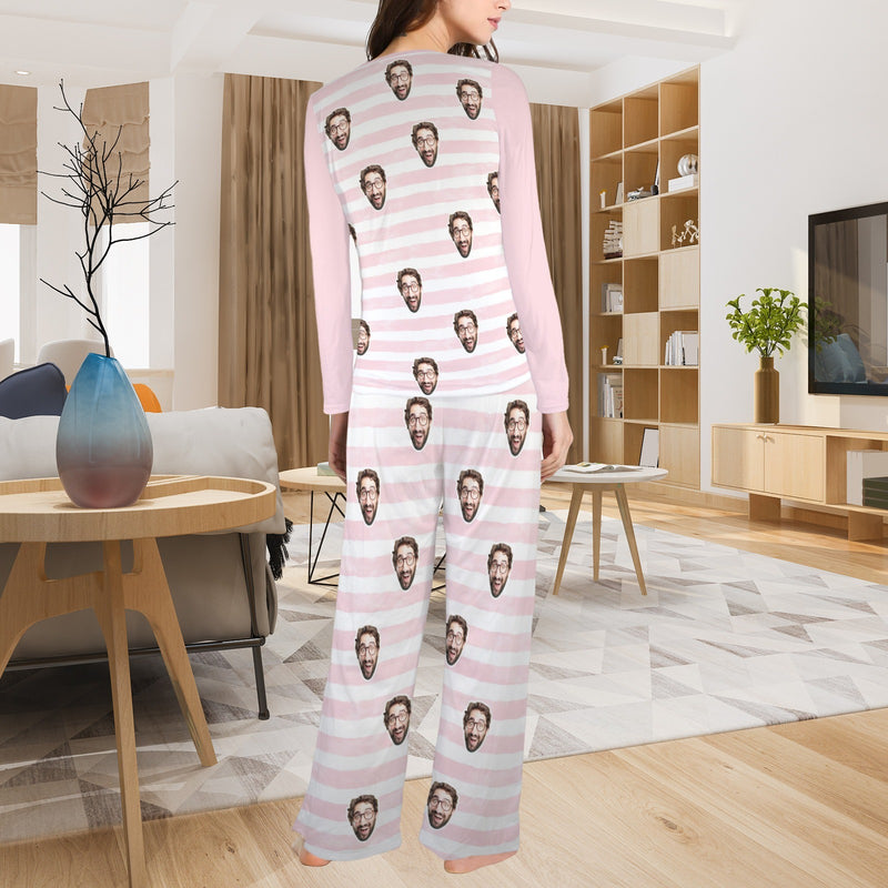 Custom Face Long Pajama Sets Personalized Women's Round Neck Pocket Pink Stripe Long Pajama Sets