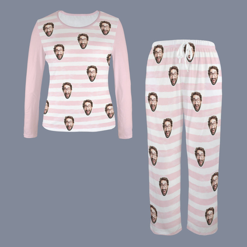 Custom Face Long Pajama Sets Personalized Women's Round Neck Pocket Pink Stripe Long Pajama Sets