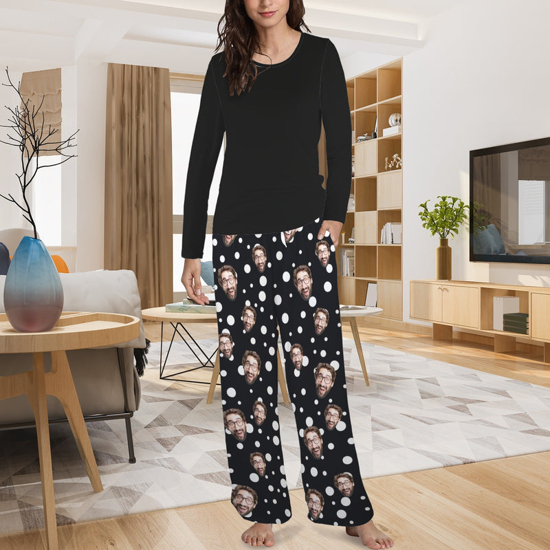 Custom Face Long Pajama Sets Personalized Women's Round Neck Pocket Black Long Pajama Sets