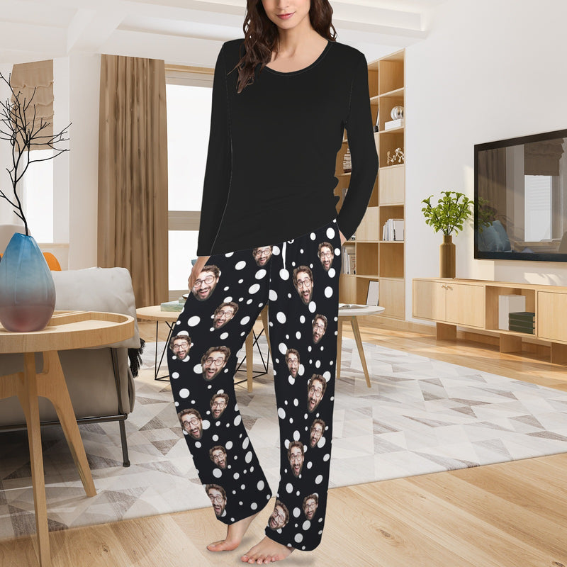 Custom Face Long Pajama Sets Personalized Women's Round Neck Pocket Black Long Pajama Sets