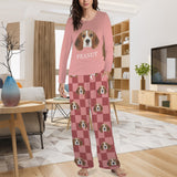 Custom Face&Name Long Pajama Sets Personalized Women's Round Neck Pocket Grid Long Pajama Sets