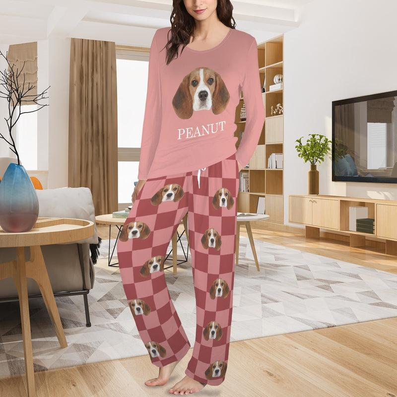 Custom Face&Name Long Pajama Sets Personalized Women's Round Neck Pocket Grid Long Pajama Sets