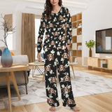 Custom Face Long Pajama Sets Personalized Women's Round Neck Pocket White Flowers Black Pajama Sets