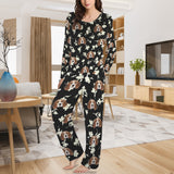 Custom Face Long Pajama Sets Personalized Women's Round Neck Pocket White Flowers Black Pajama Sets