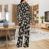 Custom Face Long Pajama Sets Personalized Women's Round Neck Pocket White Flowers Black Pajama Sets