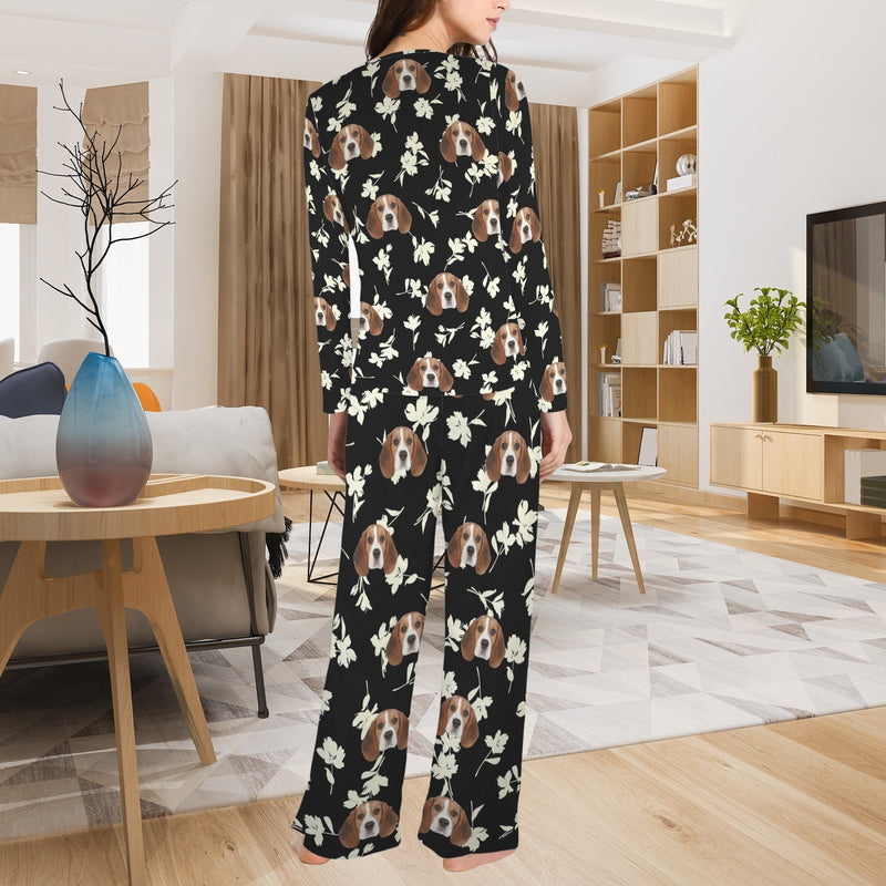 Custom Face Long Pajama Sets Personalized Women's Round Neck Pocket White Flowers Black Pajama Sets