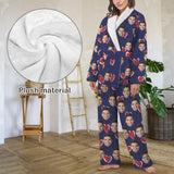 Custom Face Flannel Red Heart Pajama Set Loungewear Personalized Women's Long Sleeve Tie Waist Pocket Flannel Pajama