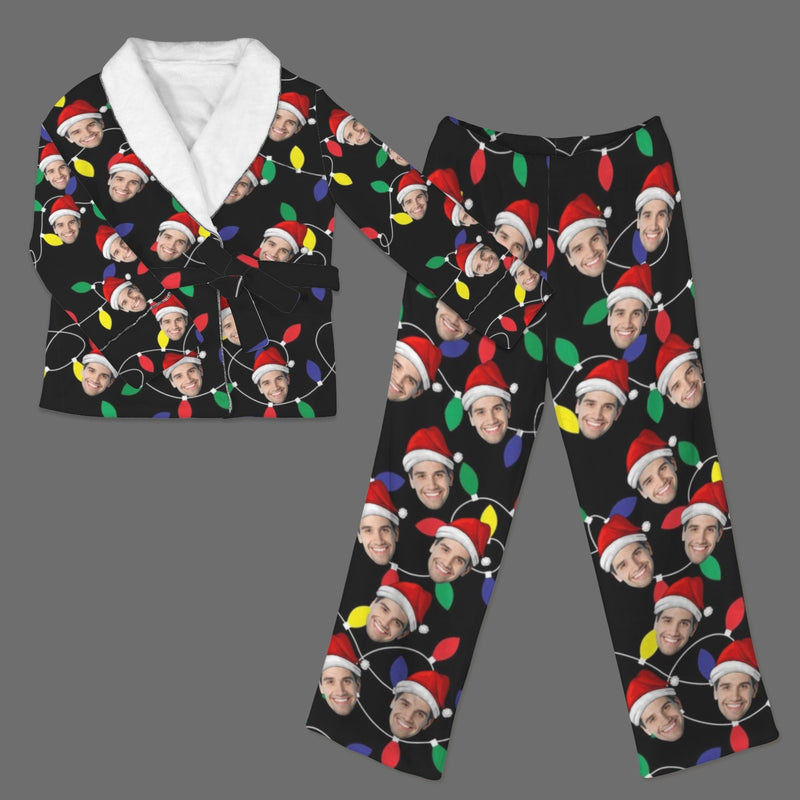 Custom Face Flannel Christmas Pajama Set Loungewear Personalized Women's Long Sleeve Tie Waist Pocket Flannel Pajama