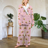 Custom Face Flannel Pink Pet Paw Pajama Set Loungewear Personalized Women's Long Sleeve Tie Waist Pocket Flannel Pajama