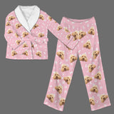 Custom Face Flannel Pink Pet Paw Pajama Set Loungewear Personalized Women's Long Sleeve Tie Waist Pocket Flannel Pajama