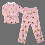 Custom Face Flannel Pink Pet Paw Pajama Set Loungewear Personalized Women's Long Sleeve Tie Waist Pocket Flannel Pajama