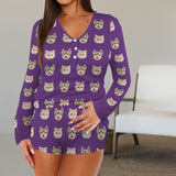 Custom Face Women's Long Sleeves&Shorts Button Pajama Sets Personalized Solid Colors Face Sleepwear