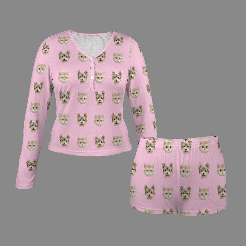 Custom Face Women's Long Sleeves&Shorts Button Pajama Sets Personalized Solid Colors Face Sleepwear