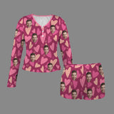 Custom Face Women's Long Sleeves&Shorts Button Pajama Sets Personalized Hearts Rose Red Face Sleepwear