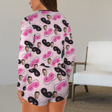 Custom Face Women's Long Sleeves&Shorts Button Pajama Sets Personalized Pink Face Sleepwear