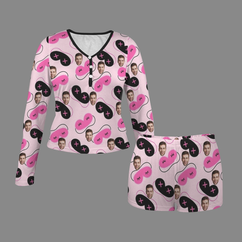 Custom Face Women's Long Sleeves&Shorts Button Pajama Sets Personalized Pink Face Sleepwear