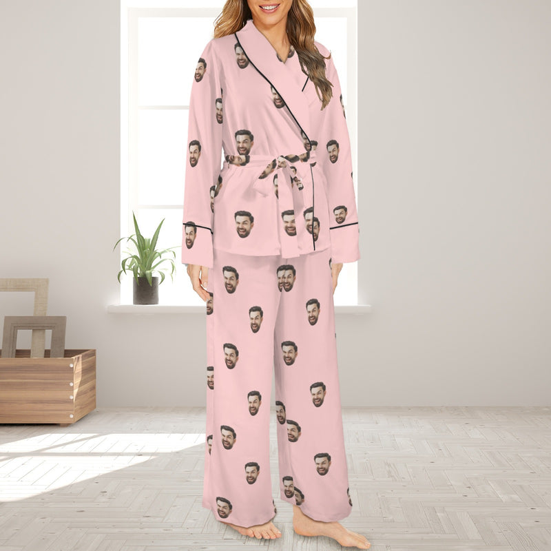 Custom Face Pink Cotton Material&Plush Material Women's Tie Waist Pocket Long Pajama Sets&Slippers