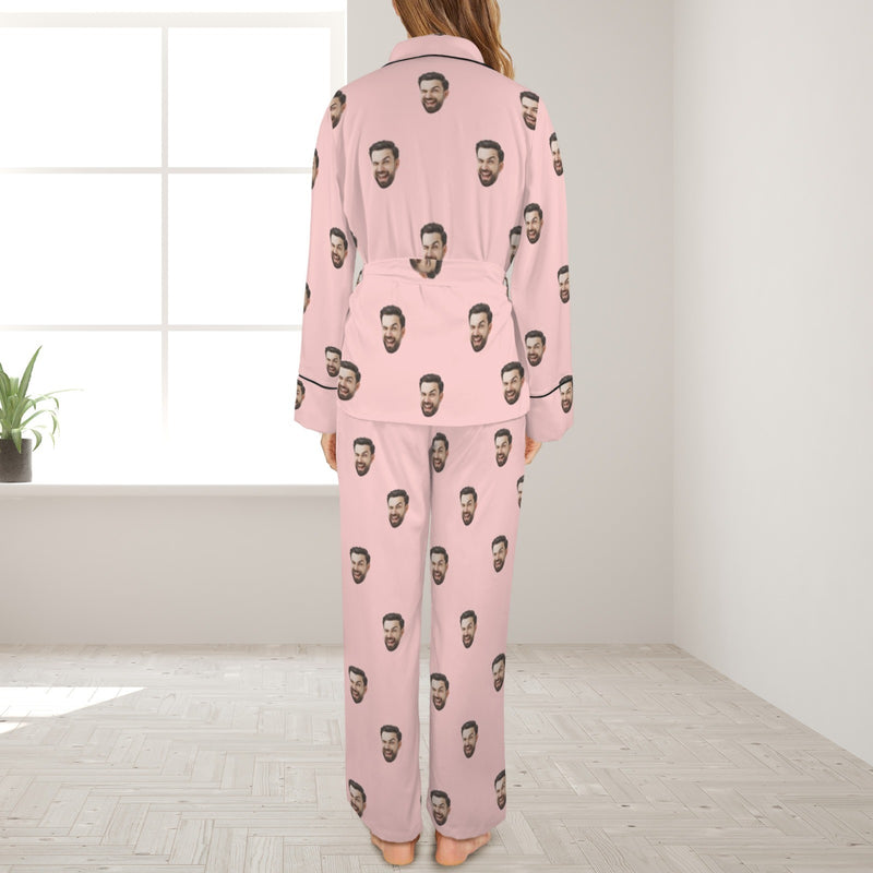 Custom Face Pink Cotton Material&Plush Material Women's Tie Waist Pocket Long Pajama Sets&Slippers