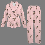 Custom Face Pink Cotton Material&Plush Material Women's Tie Waist Pocket Long Pajama Sets&Slippers