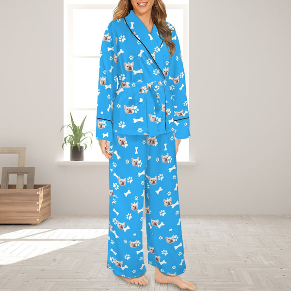 Custom Face Blue Cotton Material&Plush Material Women's Tie Waist Pocket Long Pajama Sets&Slippers