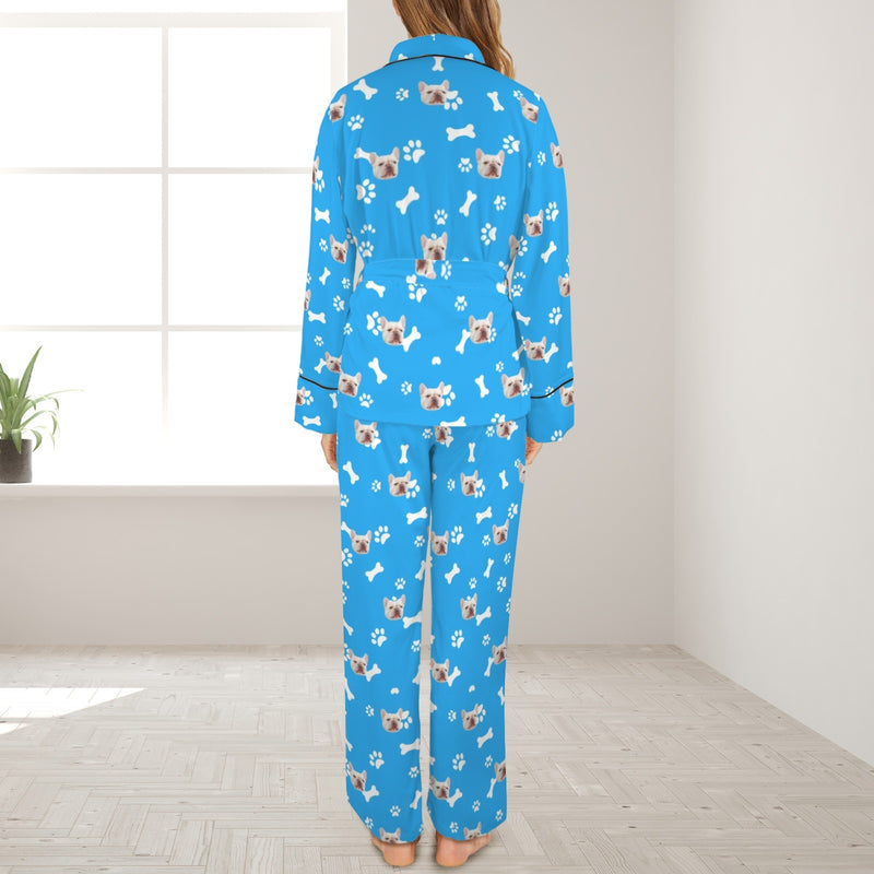 Custom Face Blue Cotton Material&Plush Material Women's Tie Waist Pocket Long Pajama Sets&Slippers