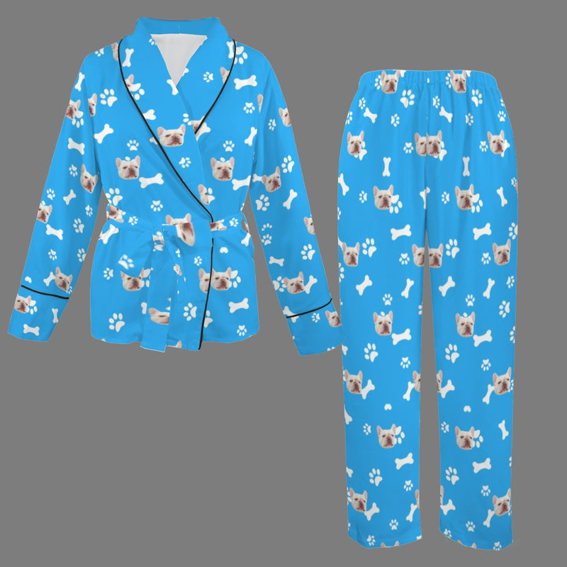 Custom Face Blue Cotton Material&Plush Material Women's Tie Waist Pocket Long Pajama Sets&Slippers