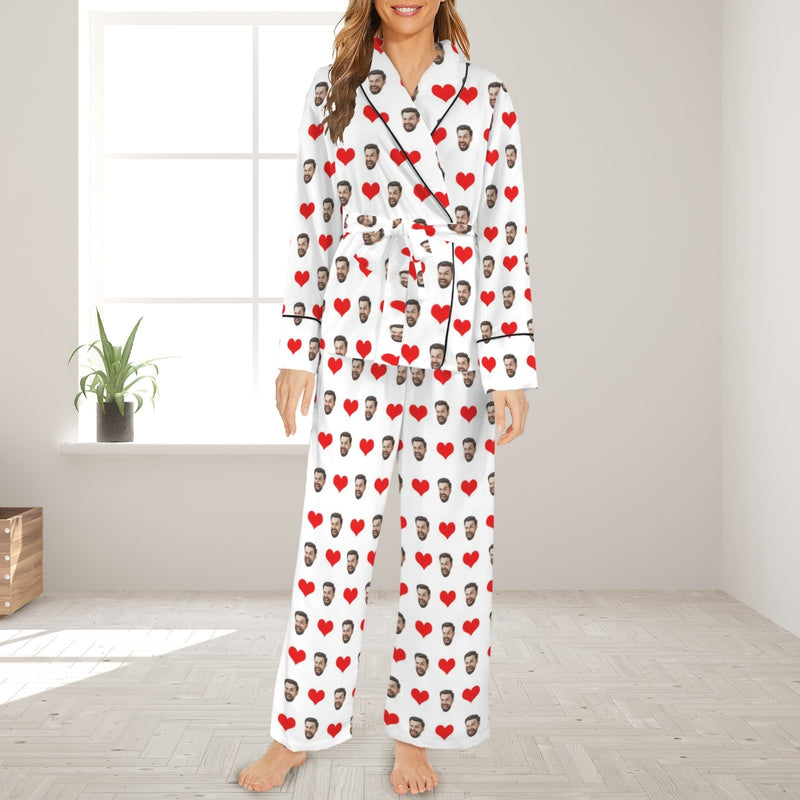 Custom Face Red Heart White Cotton Material&Plush Material Women's Tie Waist Pocket Long Pajama Sets&Slippers