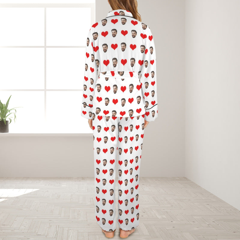 Custom Face Red Heart White Cotton Material&Plush Material Women's Tie Waist Pocket Long Pajama Sets&Slippers