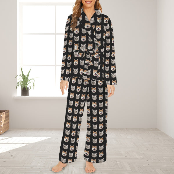 Custom Face Black Cotton Material&Plush Material Women's Tie Waist Pocket Long Pajama Sets&Slippers