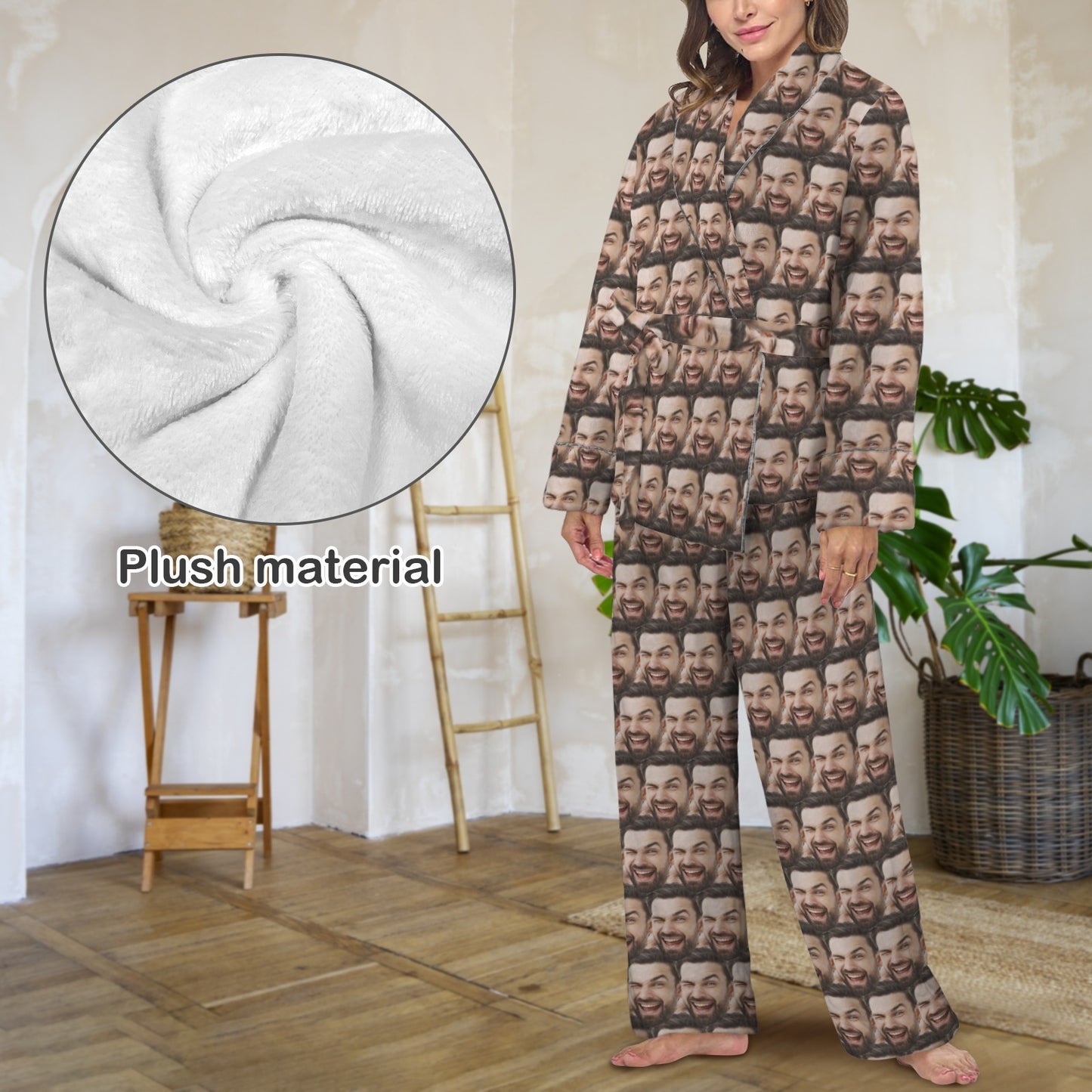 Custom Seamless Multi-Face Cotton Material&Plush Material Women's Tie Waist Pocket Long Pajama Sets&Slippers