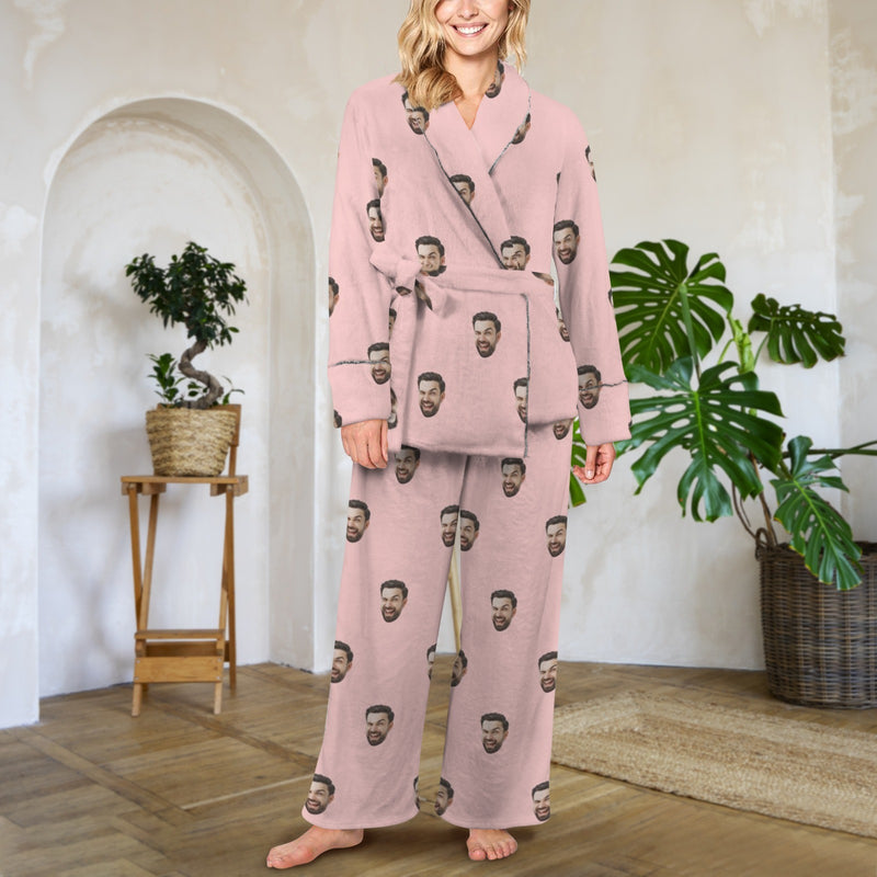 Custom Face Pink Cotton Material&Plush Material Women's Tie Waist Pocket Long Pajama Sets&Slippers