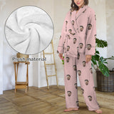 Custom Face Pink Cotton Material&Plush Material Women's Tie Waist Pocket Long Pajama Sets&Slippers