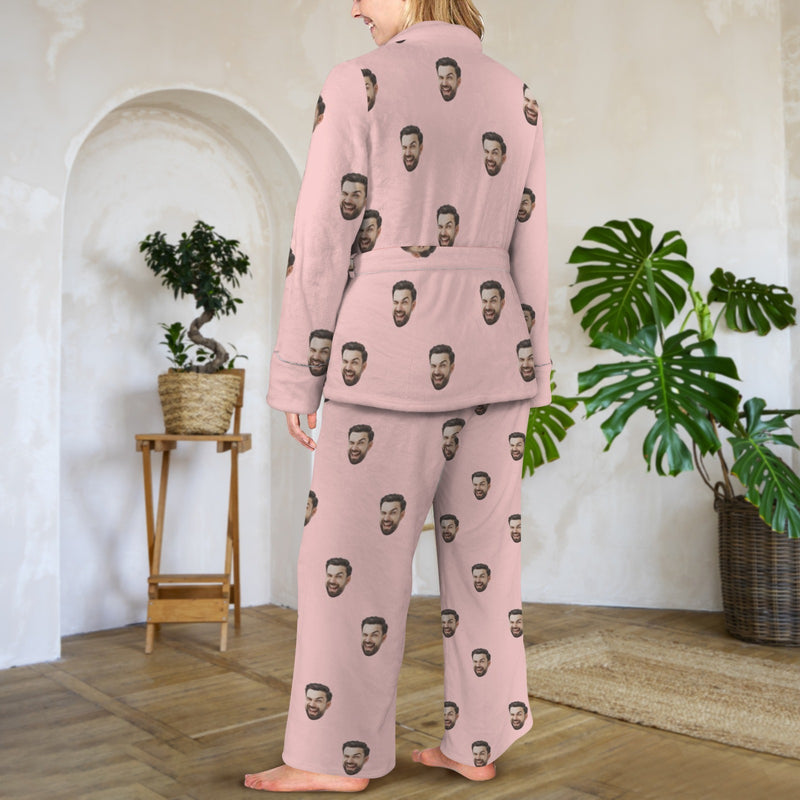 Custom Face Pink Cotton Material&Plush Material Women's Tie Waist Pocket Long Pajama Sets&Slippers