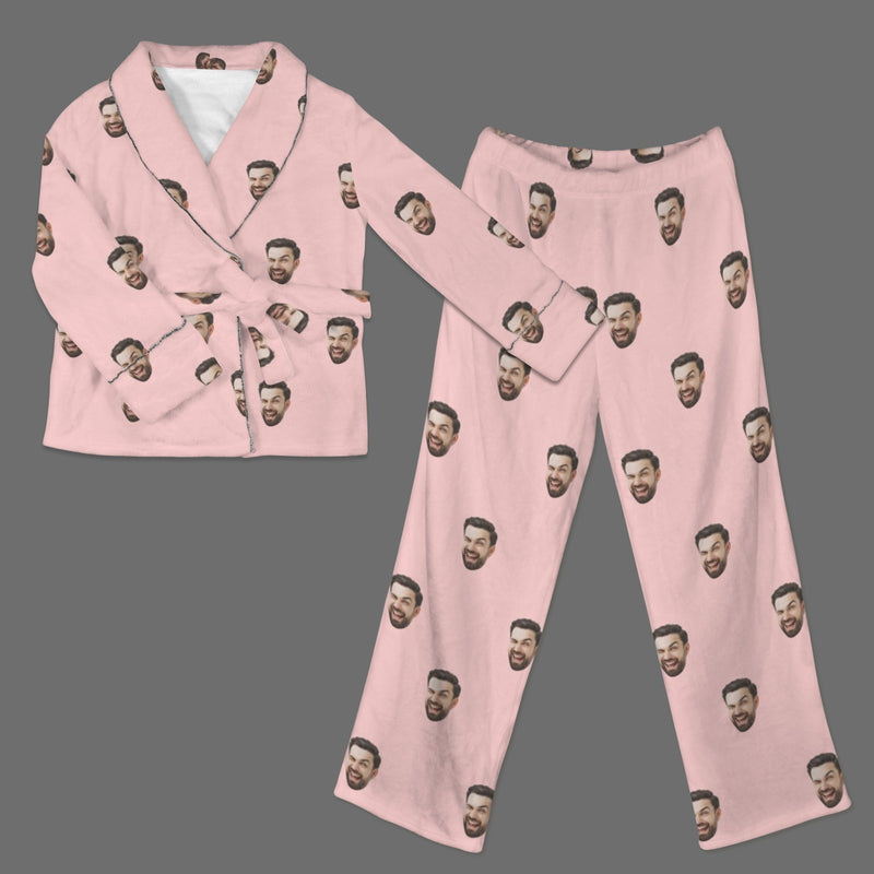 Custom Face Pink Cotton Material&Plush Material Women's Tie Waist Pocket Long Pajama Sets&Slippers