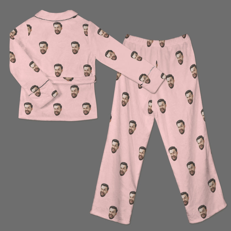 Custom Face Pink Cotton Material&Plush Material Women's Tie Waist Pocket Long Pajama Sets&Slippers